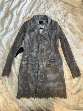 bebe Gray Lace-Overlay Double-Breasted Trench Coat